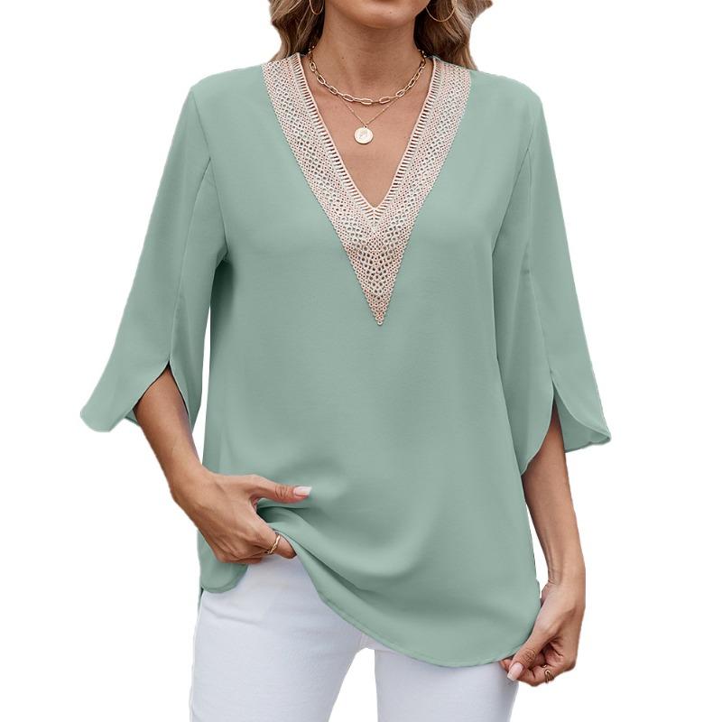 Women's Spring and Summer New Solid Colour V-neck Mid-sleeve Lace Chiffon Blouse