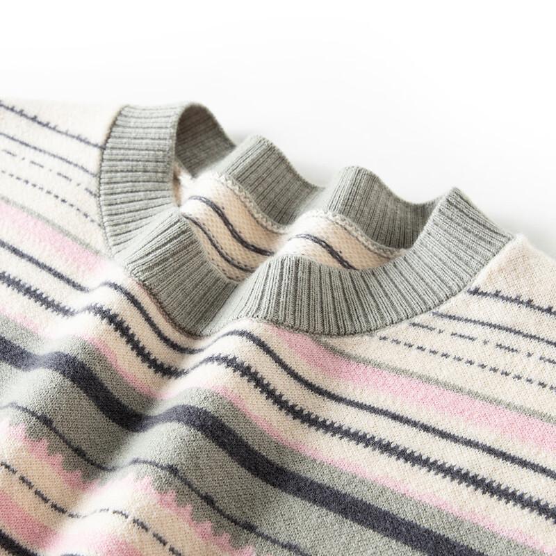 TUHUANG Women's Pure Wool Round Neck Color Block Stripe Sweater