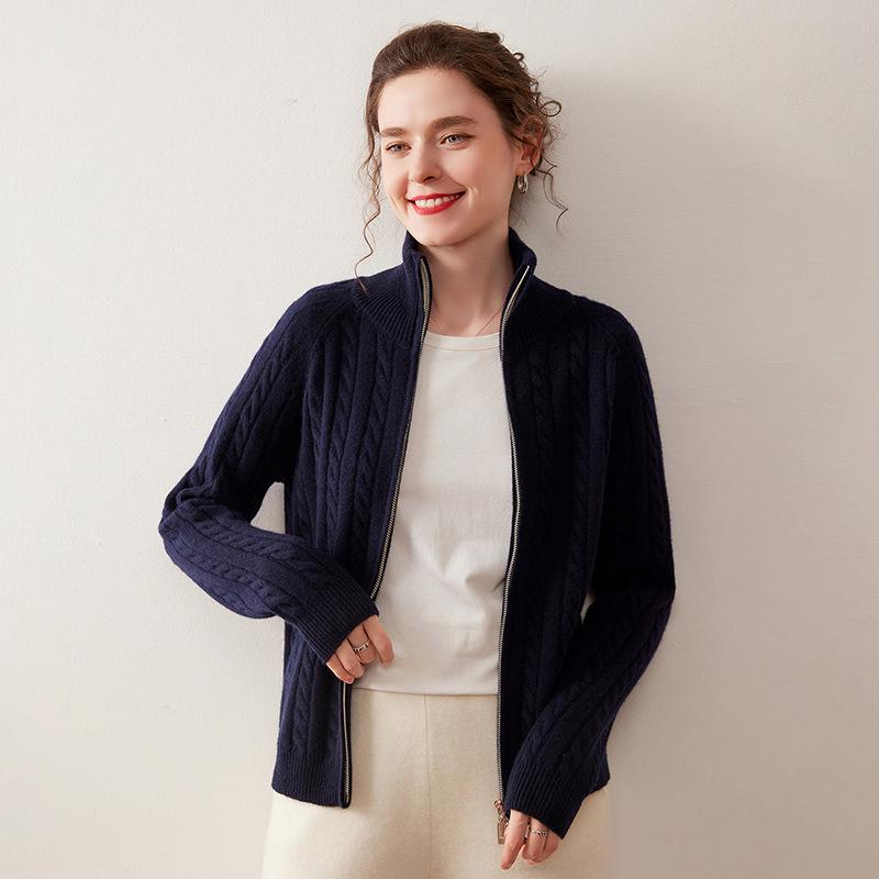 Cashmere Cable Knit Zipper Cardigan - Women's Autumn/Winter 2025, Half-High Neck, Gentle Style.