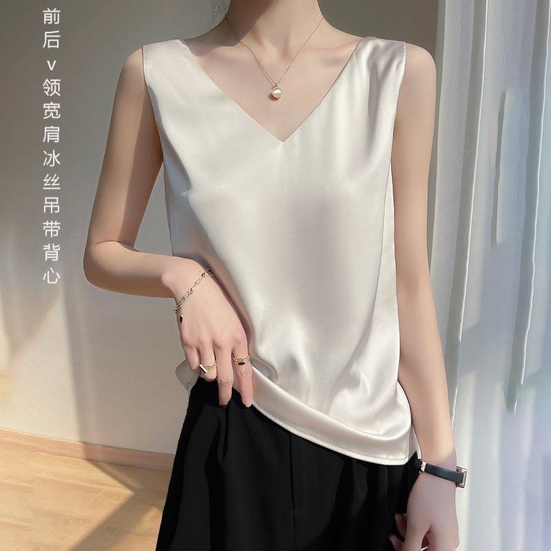 Women S Loose Fit V Neck Wide Strap Camisole French Style Ice Silk Top