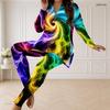 Women Plus Size Multicolor Printed Half Zip Long Sleeve Longline Top Fitted Pants Two Piece Set