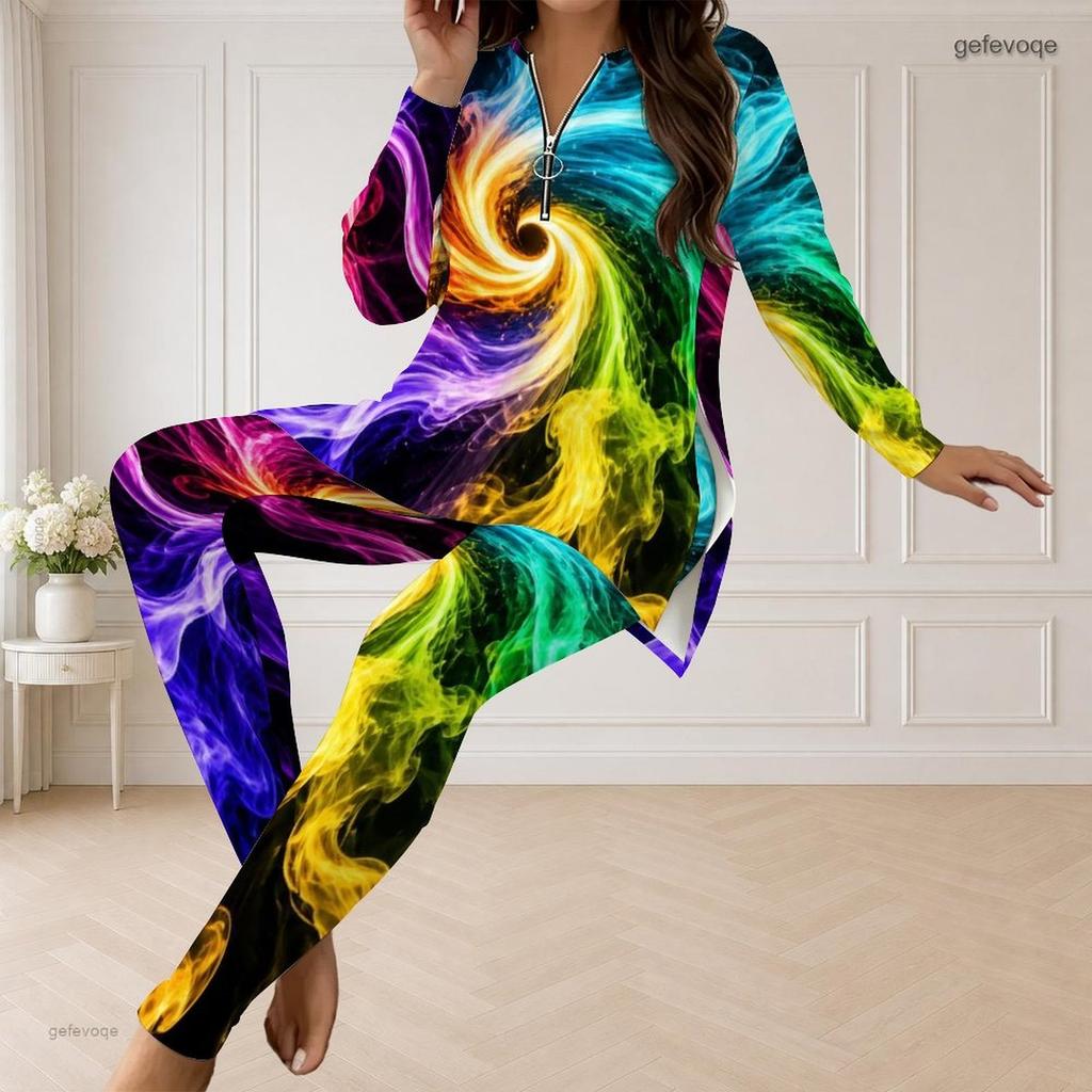 Women Plus Size Multicolor Printed Half Zip Long Sleeve Longline Top Fitted Pants Two Piece Set