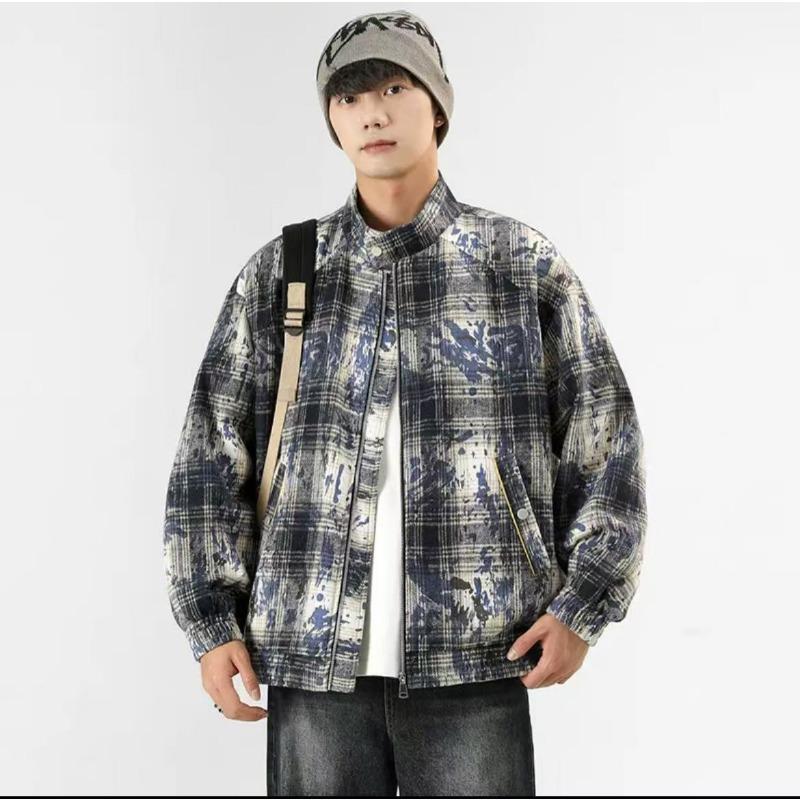 Plaid Jacket Men's Spring and Autumn Tie-dye Trendy Versatile Loose American Casual Jacket