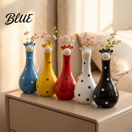 Vivid Texture Animal Figurine Cute Polka Dot Giraffe Vase, Hand-painted Resin Flower Creative Big-mouthed Artistic Bouquet Holder for Home Living Room