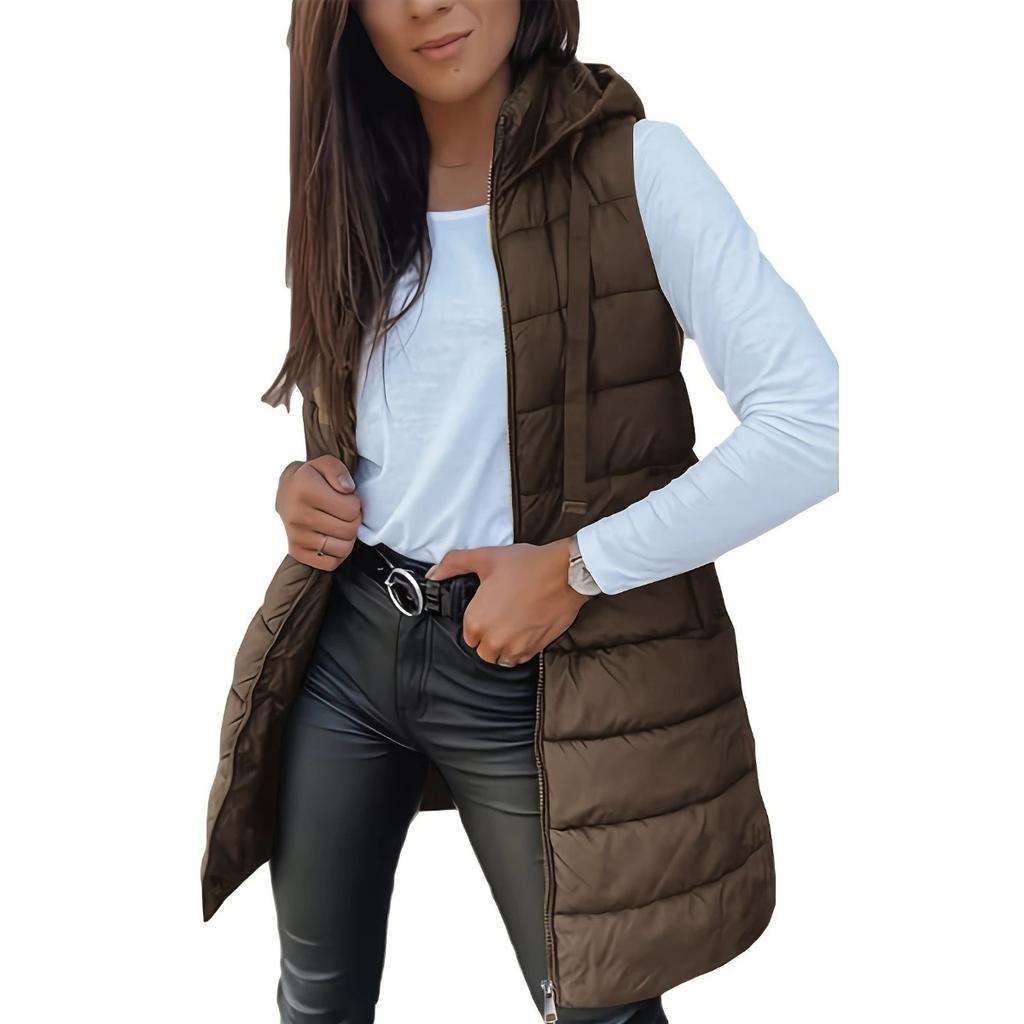 Solid Color Hooded Zipper Cotton Vest Jacket for Women's Mid To Long Size Plus