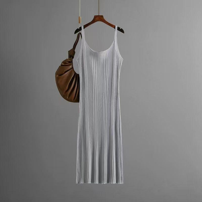 

European and American Sexy Slim fit Waist Hugging Knitted dress Solid Sling Long dress Knitted Camisole Dress Grey All yards