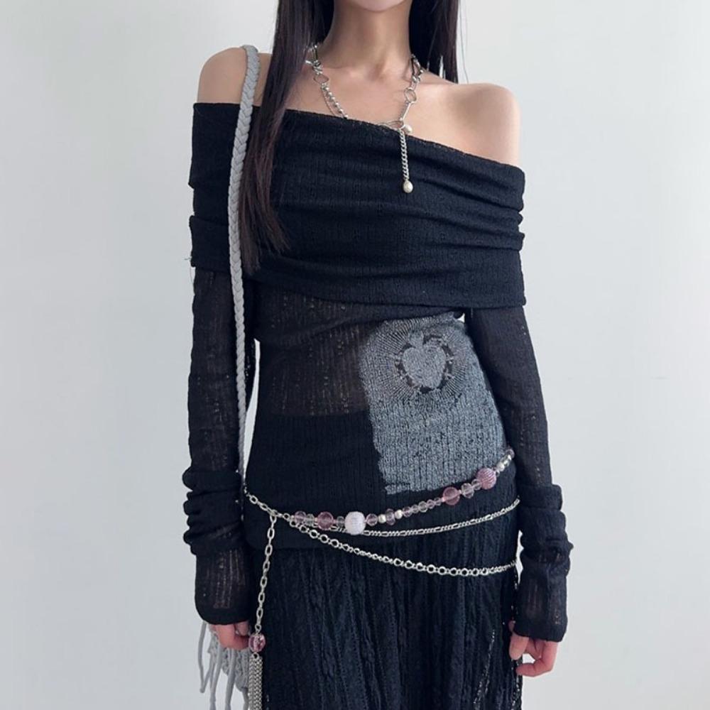 See Through Dark Printed T Shirt Casual Slash Neck Long Sleeve Tees Women Fashion Streetwear Ladies