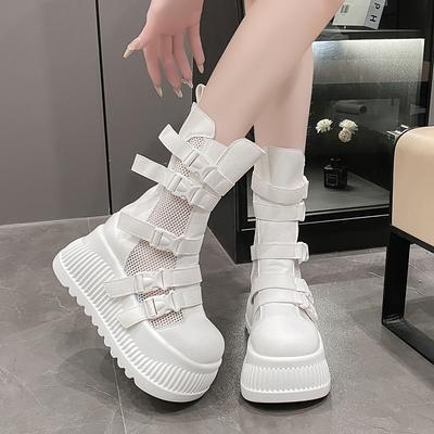8.5CM Damen Frühling Sommer Stiefel Atmungsaktives Mesh Hollow Sneakers Hohe Plateau Stiefeletten Für Frau Outdoor Chunky Schuhe