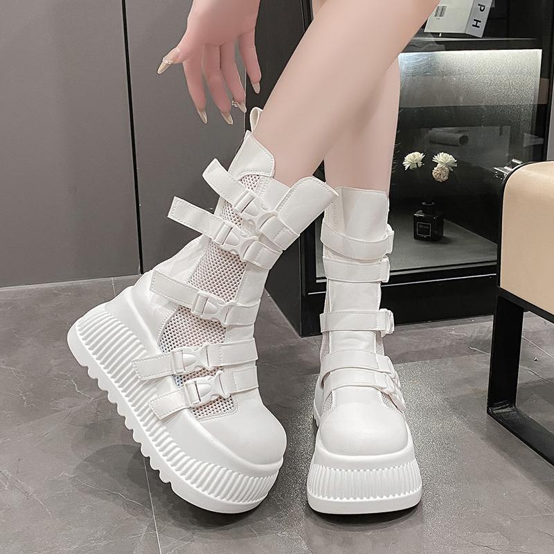Fashion 8.5CM Women Spring Summer Boots Fashion Breathable Mesh Hollow Sneakers High Platform Ankle Boots For Woman Outdoor Chunky Shoes