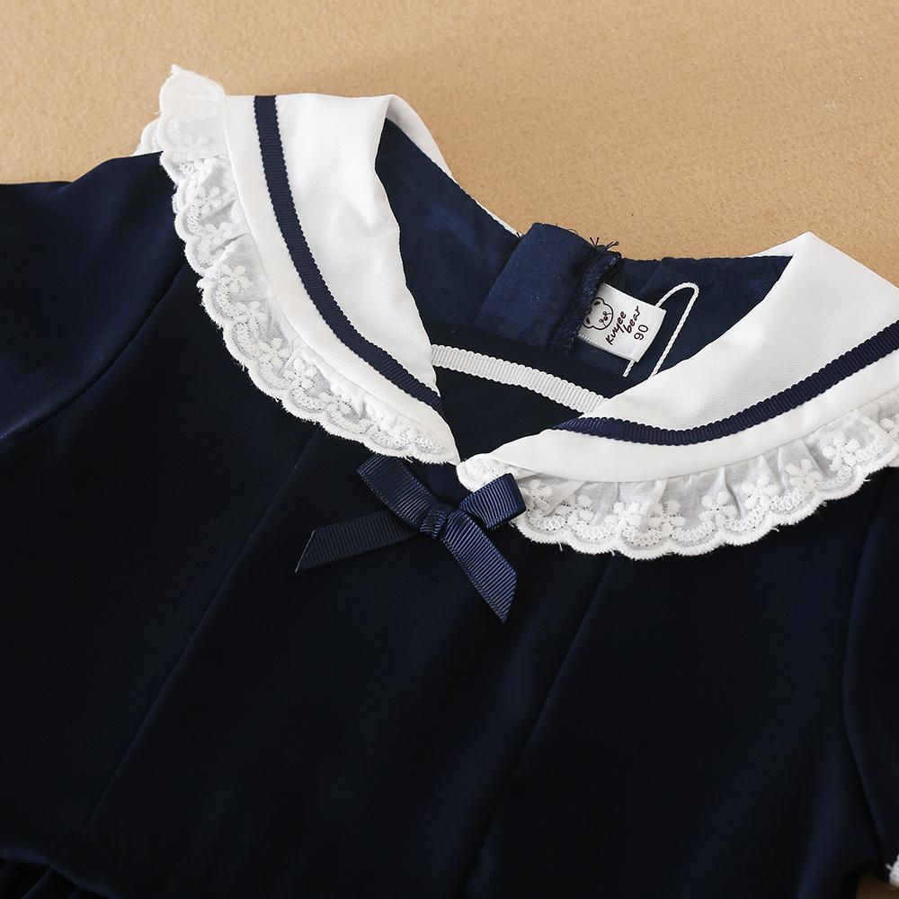 Girls Summer Dress 100% Cotton Navy Blue Clothes for Kids Aged 2-6 Years with White Collar Short Sleeves Children Dresses