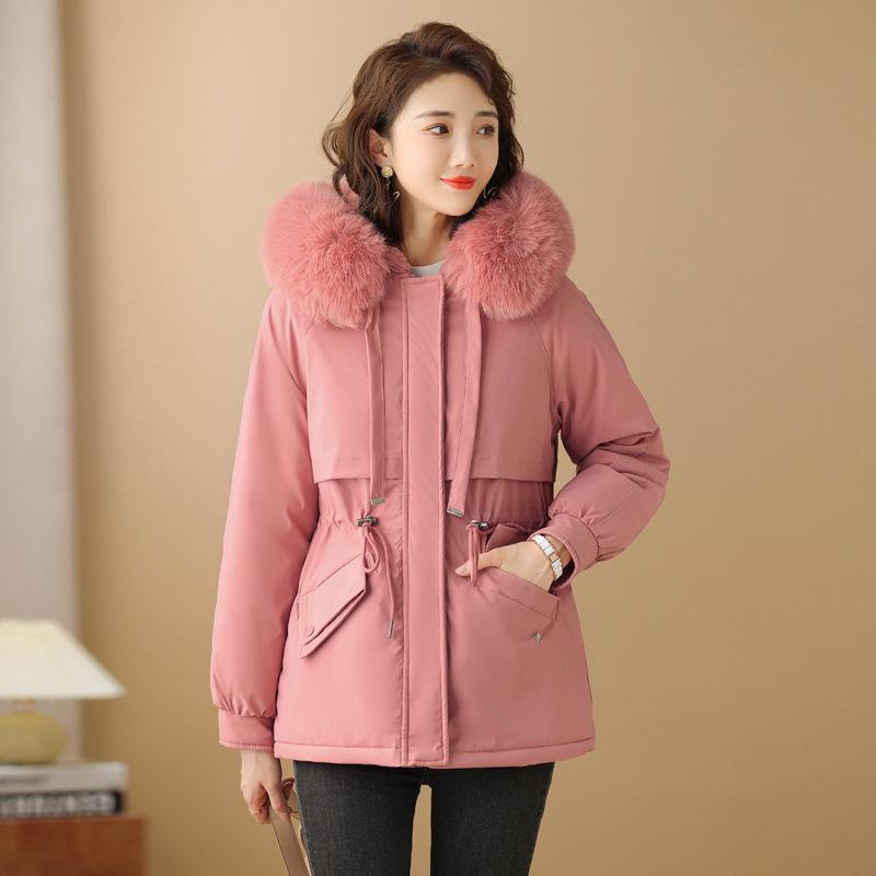 Autumn and winter women's hooded big fur collar pie to overcome waist and thin windproof cotton clothing supply