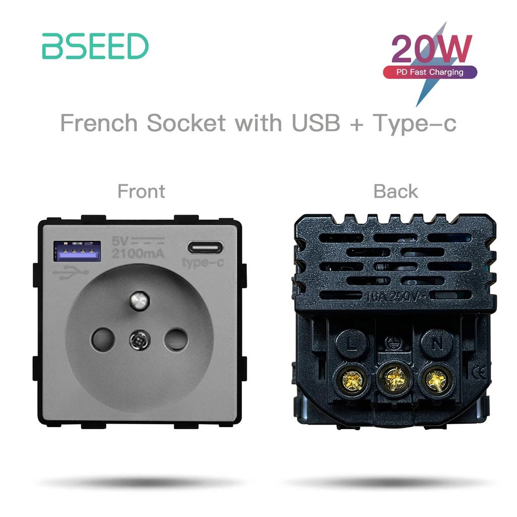 BSEED French Wall Socket Plug Without Frame Function Parts USB Socket Type-c AC Ports Fast Charging DIY Parts Free Combination