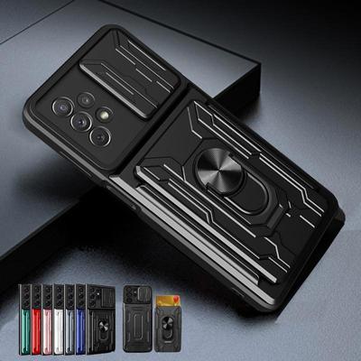 Custodia ad Anello con Protezione per Fotocamera Armor e Slot per Scheda per iPhone 14 13 12 11 Samsung Galaxy A53 A23 S22 S21 Redmi 10C OPPO Realme A54 A94 Vivo V23E Moto G200
