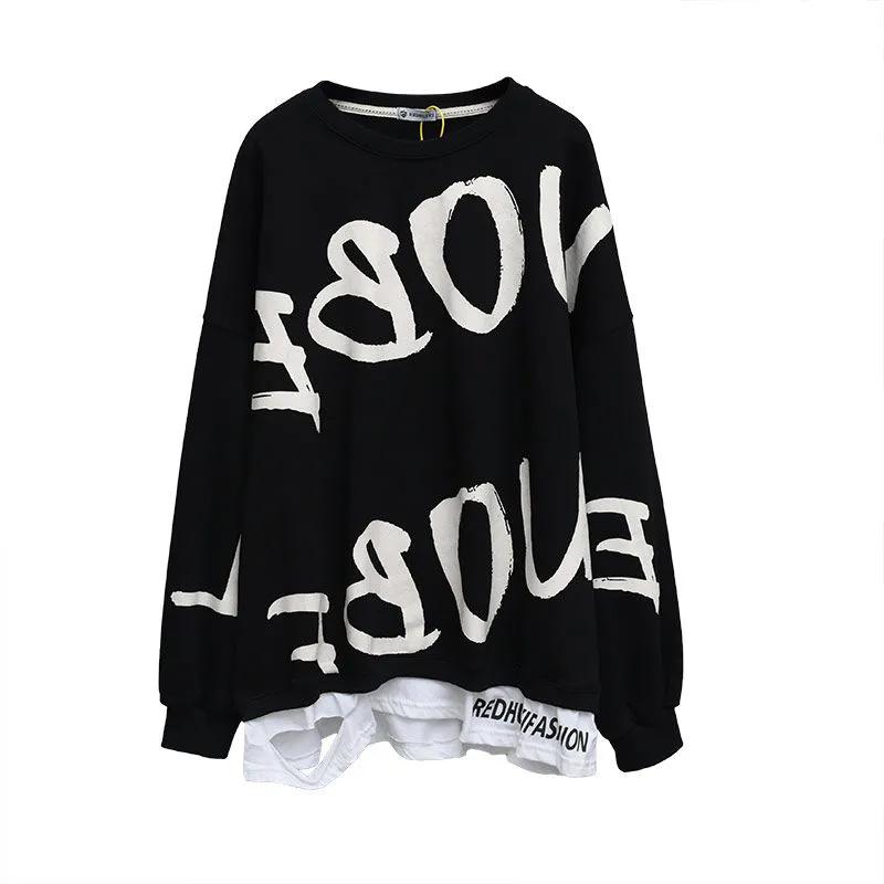 

Cotton Sweatshirts for Women Long Oversized Pullover Sweatshirt Long Sleeve Loose Jumpers Fake Two Pieces Sweatshirts Top XXXXL чорний