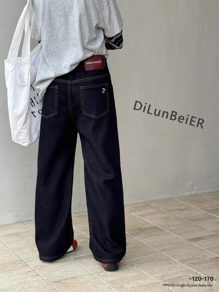 Unisex Wide-Leg Velvet Jeans with Cherry Embroidery for Girls - Loose Fit, Solid Color, Ideal for Middle and Older Children
