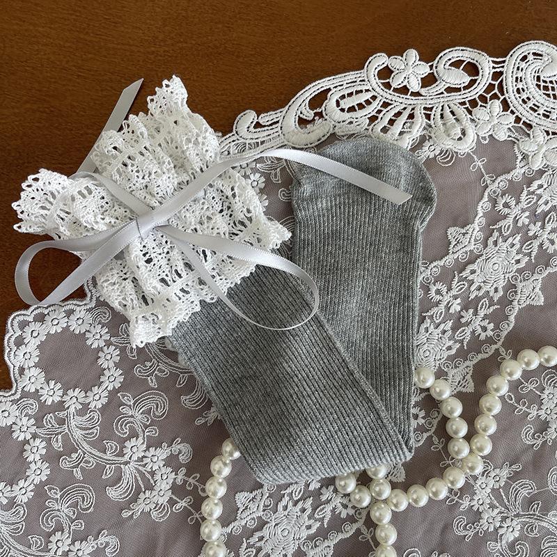 1 Pair Sweet Lace Bow Ribbon Kids Girl Sock Elegant Fashion Princess Ruffle Sock for Children Spring Summer Soft Cotton Sock