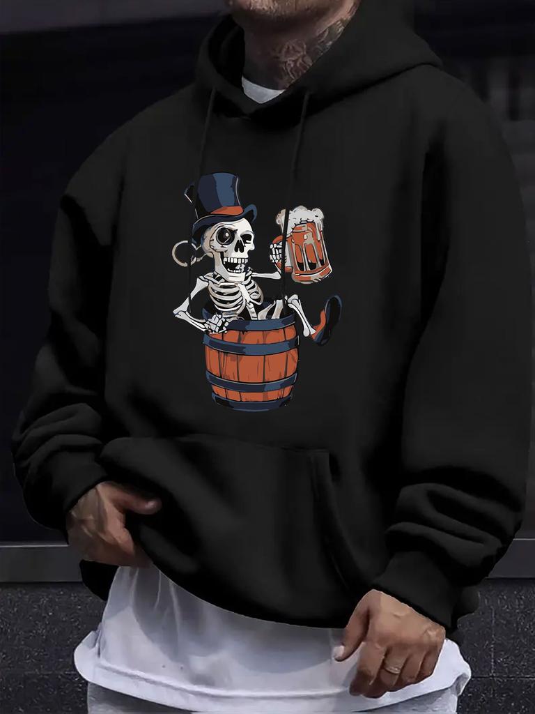 American/European Style Unisex Autumn/Winter Printed Hoodie Long-Sleeve Sweatshirt, Top Hat Skull Beer Barrel Print Hooded Sweatshirt, Vintage Quirky