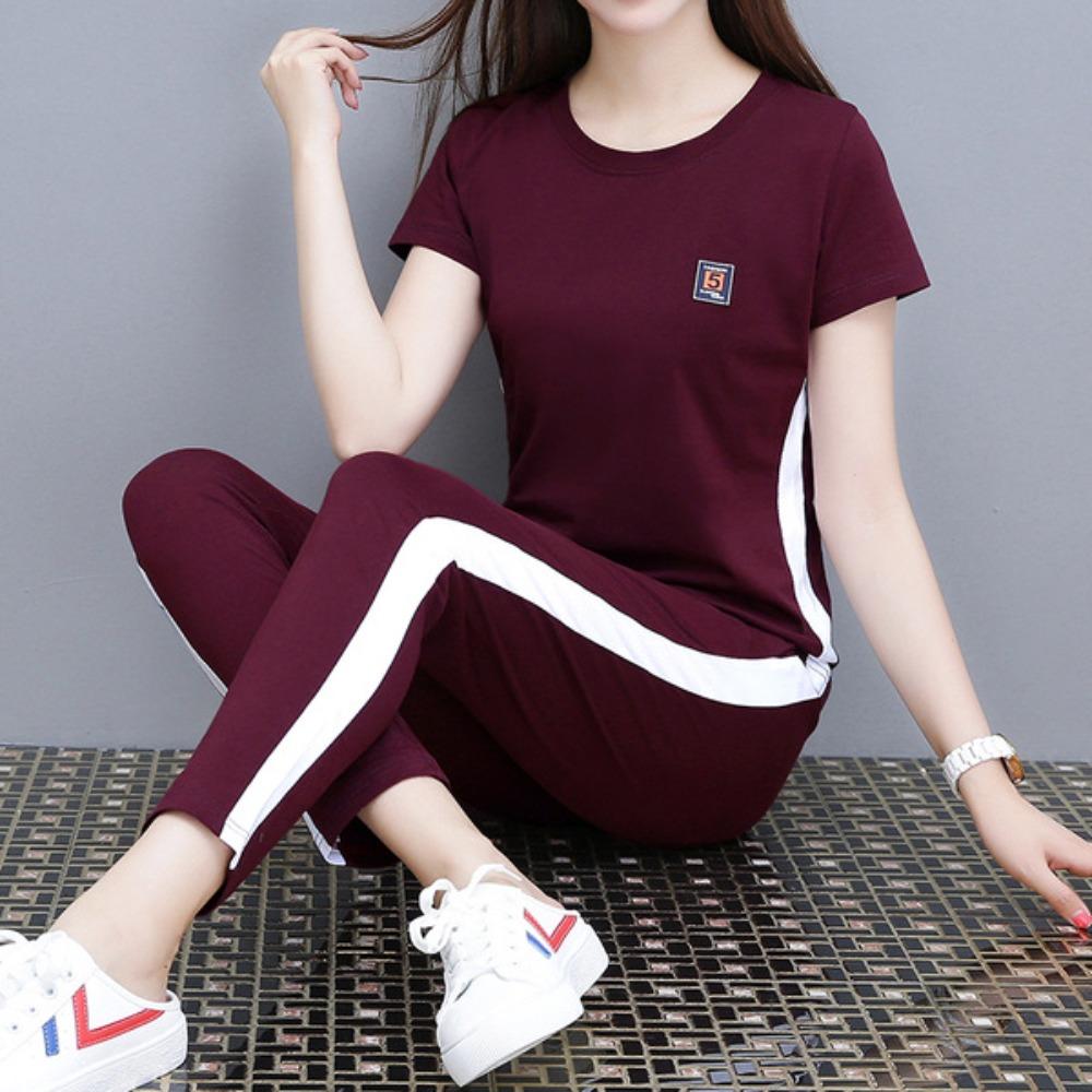 Women's Loose Fit Two-Piece Tracksuit Short Sleeve T-Shirt Elastic Waist Ankle Pants Casual Matching Outfit Set