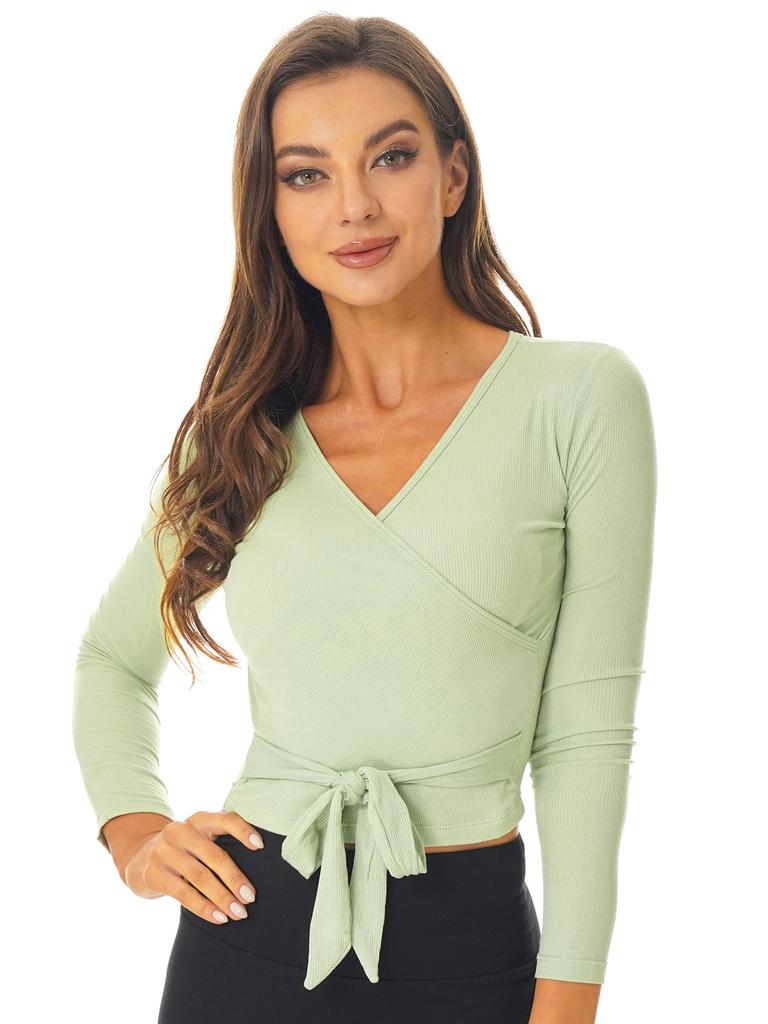 Women Solid Color V Neck Long Sleeves Straps Back Stretchy Crochet Dance Tops Gym Yoga Ballet