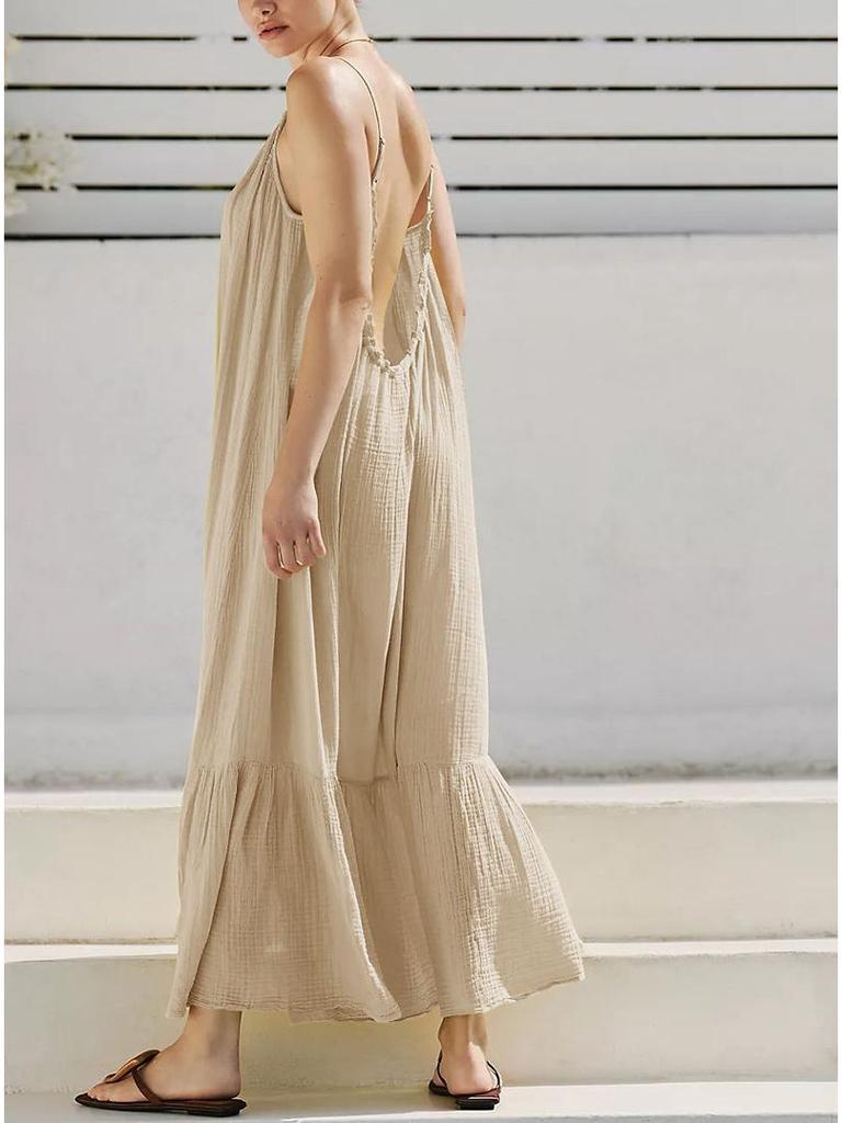 Summer Retro French Tea Break Cotton Camisole Dress - Textured, Skin-Friendly & Versatile Mid-Length with Frill