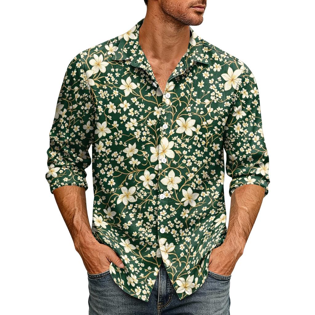 Men's Loose Fit Long Sleeve Shirt Vintage Style Casual Button Down Shirt with Spread Collar Suitable for Spring and Autumn