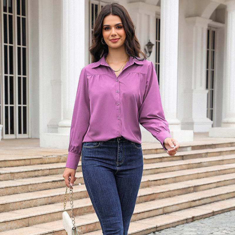 Buckle Top Lantern Sleeves Pleated Solid Color Stand Collar Loose Long Sleeved Women's Shirt