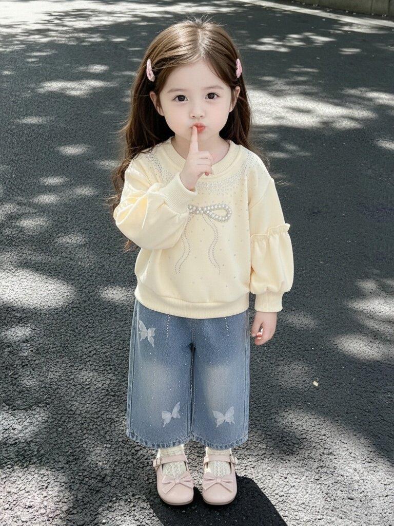 Baby Mädchen Koreanischer Stil Cartoon Hoodie & Jeans Zweiteiler Set - Lässiges Frühjahrs-/Herbst-Outfit
