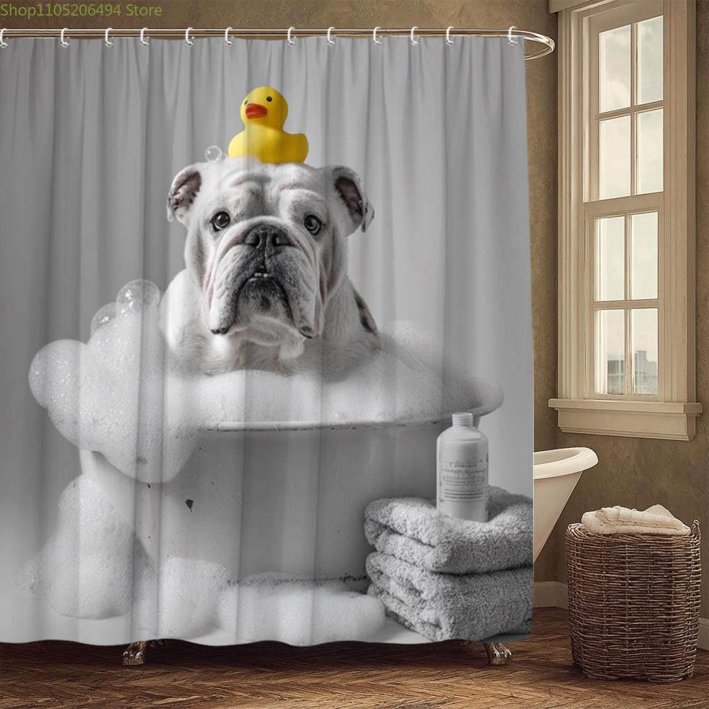 1pc Bulldog in Bathtub Shower Curtain with Rubber Duck - Cute English Bulldog Bath Decor, Polyester Fabric Bathroom Curtain 70