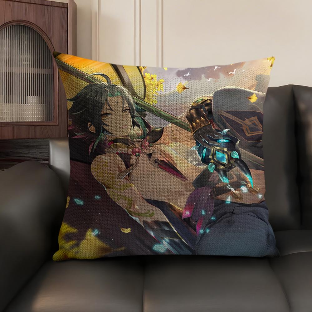 Xiao Genshin Impact Cushion Cover Natural Linen Organic Fabric Double-Sided Printing Sofa Home Decor Gift Pillow Case