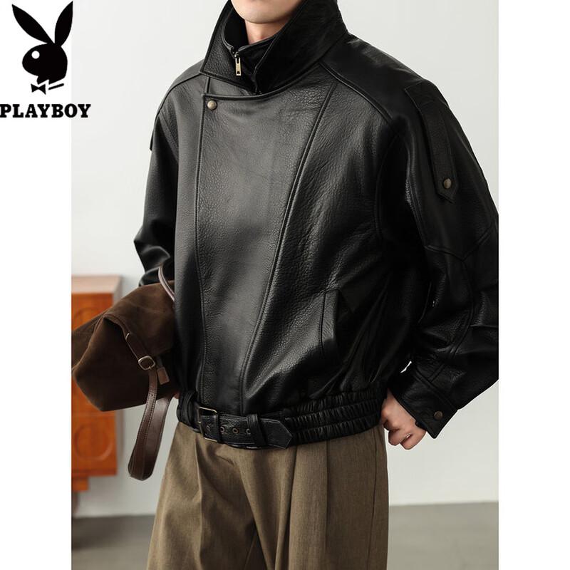 PLAYBOY Men's Genuine Sheepskin Biker Leather Jacket