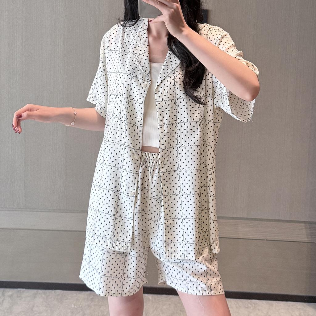 Sweet wind polka dot cotton and silk pajamas women's summer short-sleeved shorts lapel thin can be worn outside loungewear high-end suit