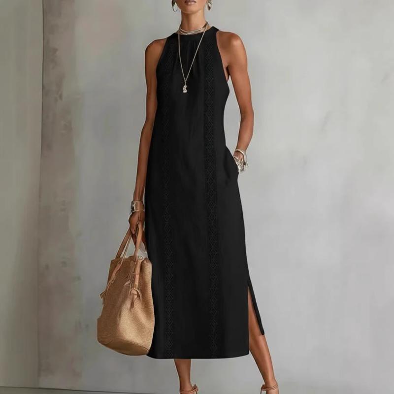 Mode Ärmelloses Spitzenkleid Neu Einfarbige O-Ausschnitt Locker Lang Party Elegant Sommer A-Linien-Kleid Damen Süß Schlitz Lässig Damenbekleidung
