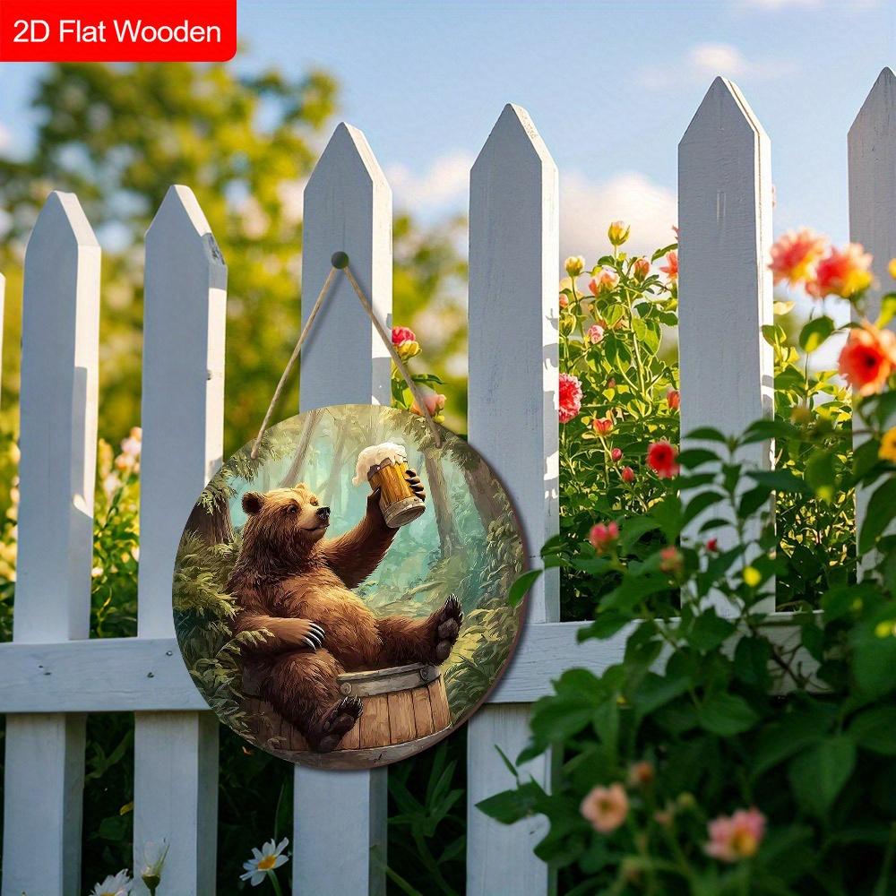 2D Flat, 1 PC Funny Animal Theme - Raise The Beer Glass Bear Pattern Wooden Hanging Decorative Sign and Plaque, Wall Art Signs Farmhouse Decor