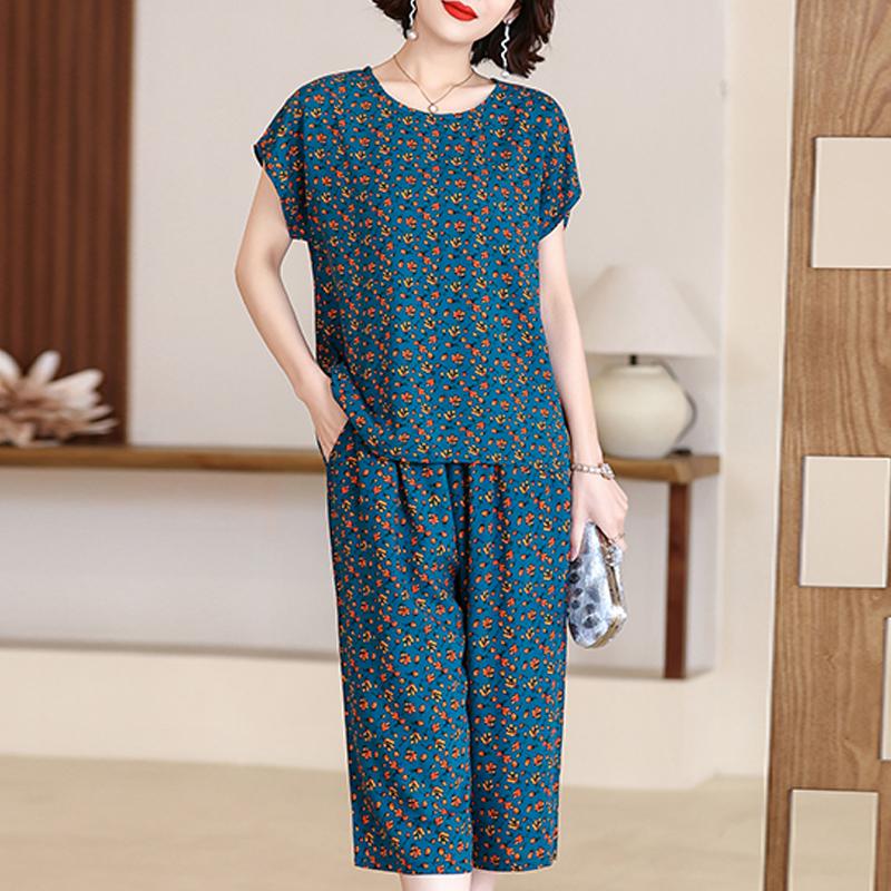 Plus Size Women Two Peice Sets Summer Loose Elegant High Waist Pant Sets Female Casual Vintage Print Oversize Suit
