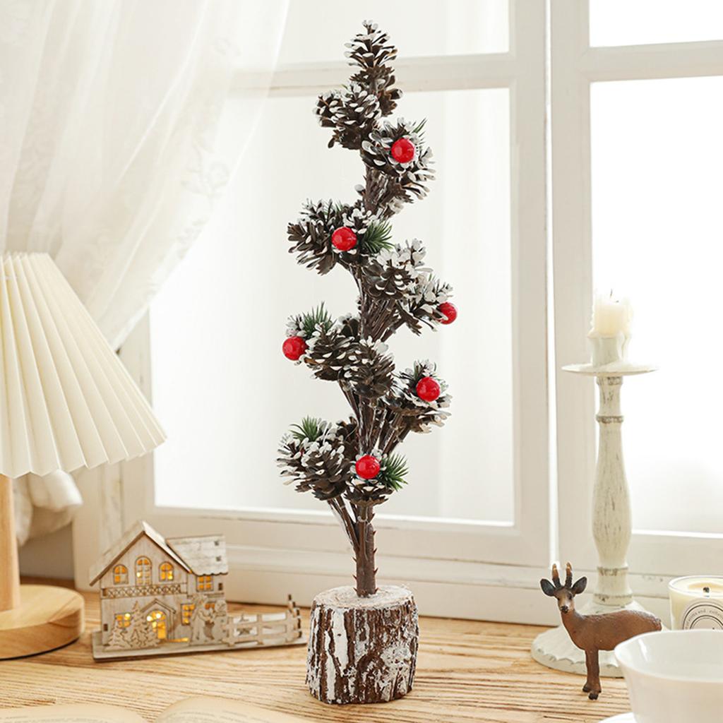 Christmas Tree Green With Snow Small Desktop Ornaments Red Fruit Wooden Stake Potted Decorations