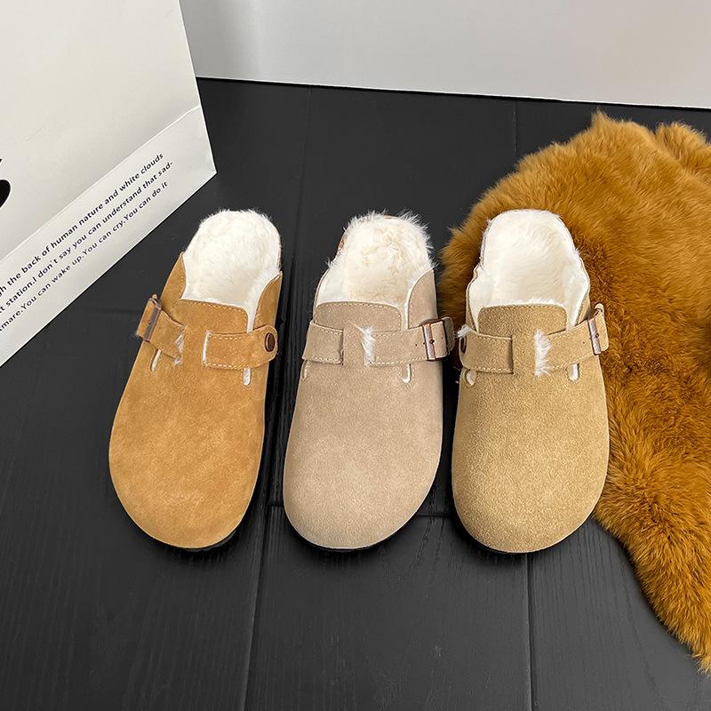 Leather women's one-pedal warm fluffy slippers women's outer bag head half slippers slippers