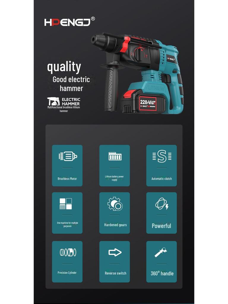 Ciocan rotopercutor electric reîncărcabil fără perii 21V, Impact wireless pentru beton de mare capacitate, Ciocan electric cu litiu cu dublă utilizare