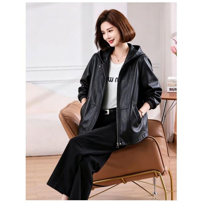 Women's Black Hooded Faux Leather Jacket Loose Fit Long Sleeve Casual Short Outerwear