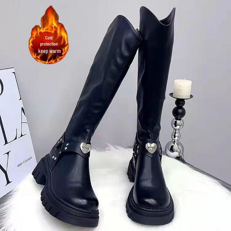 European Station Fleece-Lined Chunky Heel Cotton Knight Boots for Women – Autumn/Winter Korean British Style Slimming High Boots