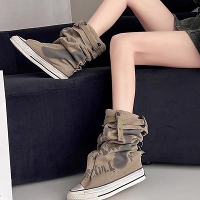 Casual Board Shoes Graffiti High Top Canvas Shoes Women's Spring Boots Wide Tube Mid Tube Boots 2025 New Stacking Boots