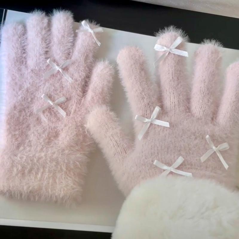 1Pair Winter Warm Bow Gloves For Women Girls Cute Solid Color Gloves Cold Resistant Mittens Windproof Riding Gloves Gifts