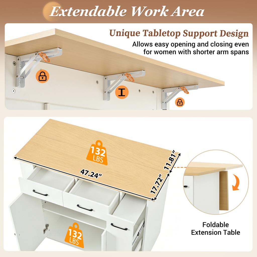 Isola Cucina Estendibile con Zona Pranzo, Mensole Regolabili e Cassetti, con Prese Elettriche e Due Sedie, Ideale per Cucina e Sala da Pranzo (bianca)