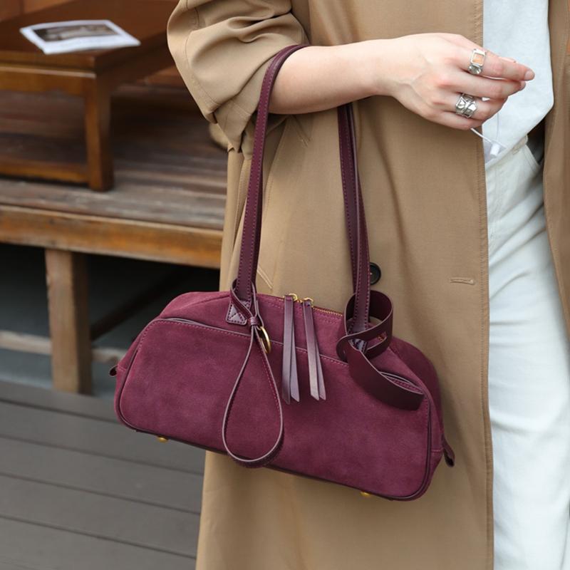 Burminsa Cowhide Suede Genuine Leather Underarm Shoulder Bags For Women 2026 Luxury Designer Bowling Totes Work Ladies Handbags