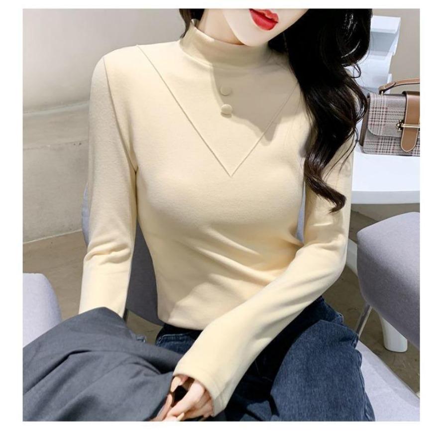 YYFS Damenmode Casual Frühling Herbst Einfarbig Druck Langarm Halb Rollkragen Blusen & Hemden