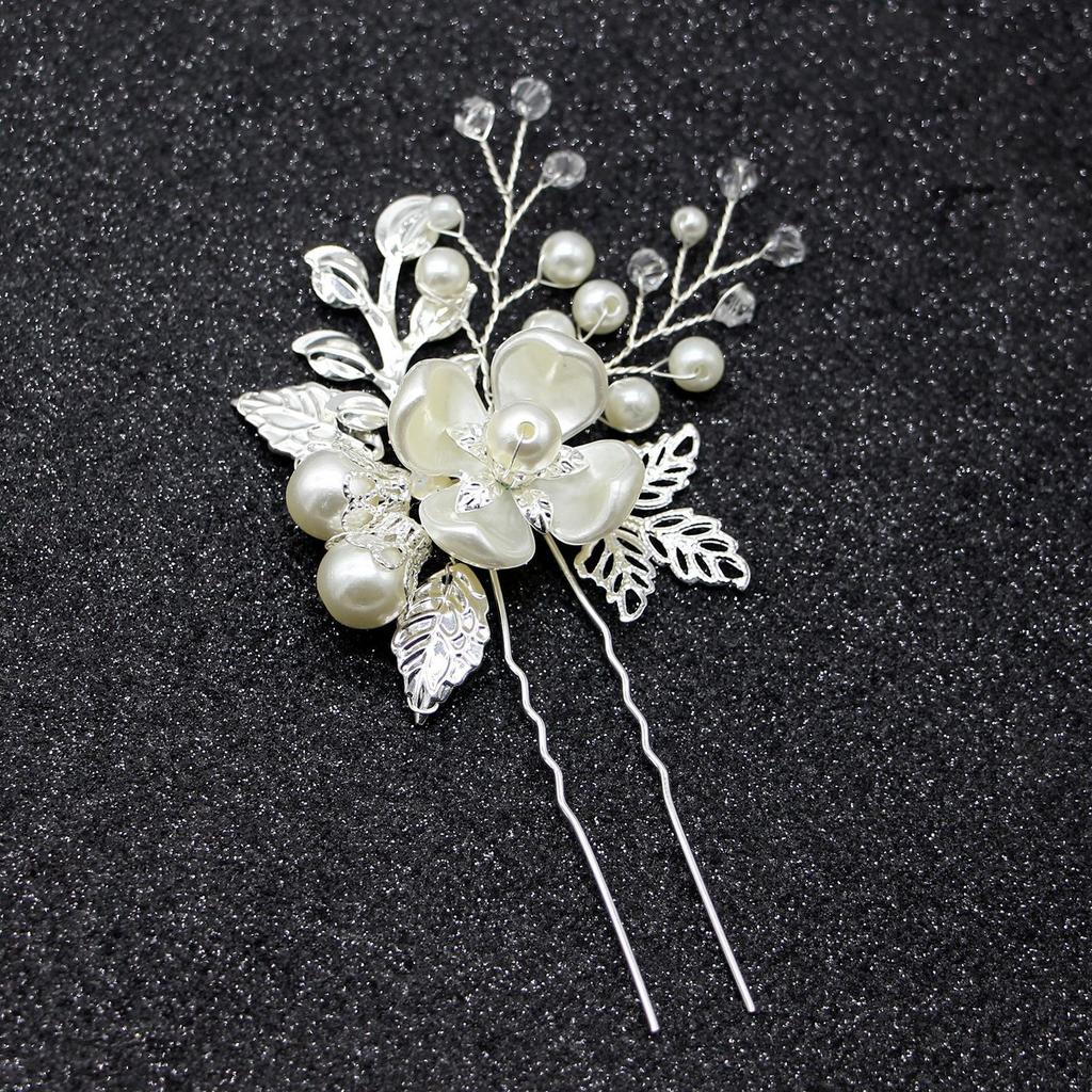 Europe and America Cross Border Silver Leaves Handmade Twisted Beads U Shape Hair Clasp Pin Bridal Wedding Hairware Lot