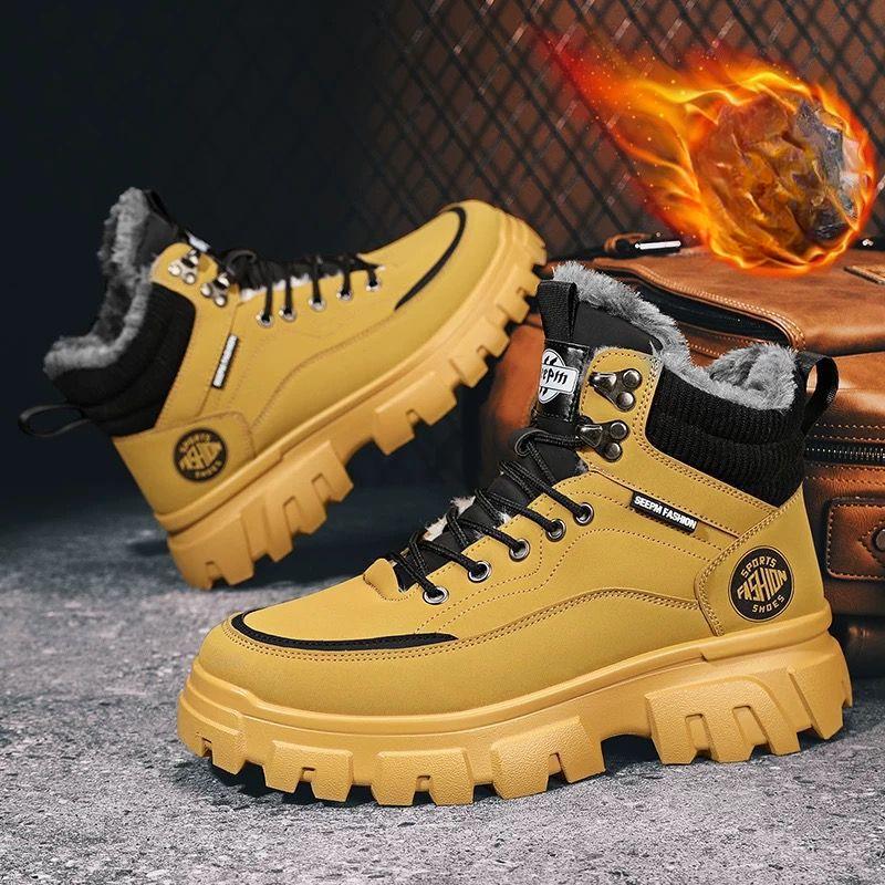 Men's Boots Plush 2024 Winter New Thick Soled Lace Up Workwear Shoes Trendy Cold Proof Warm Cotton Short Boots Botas Para Hombre