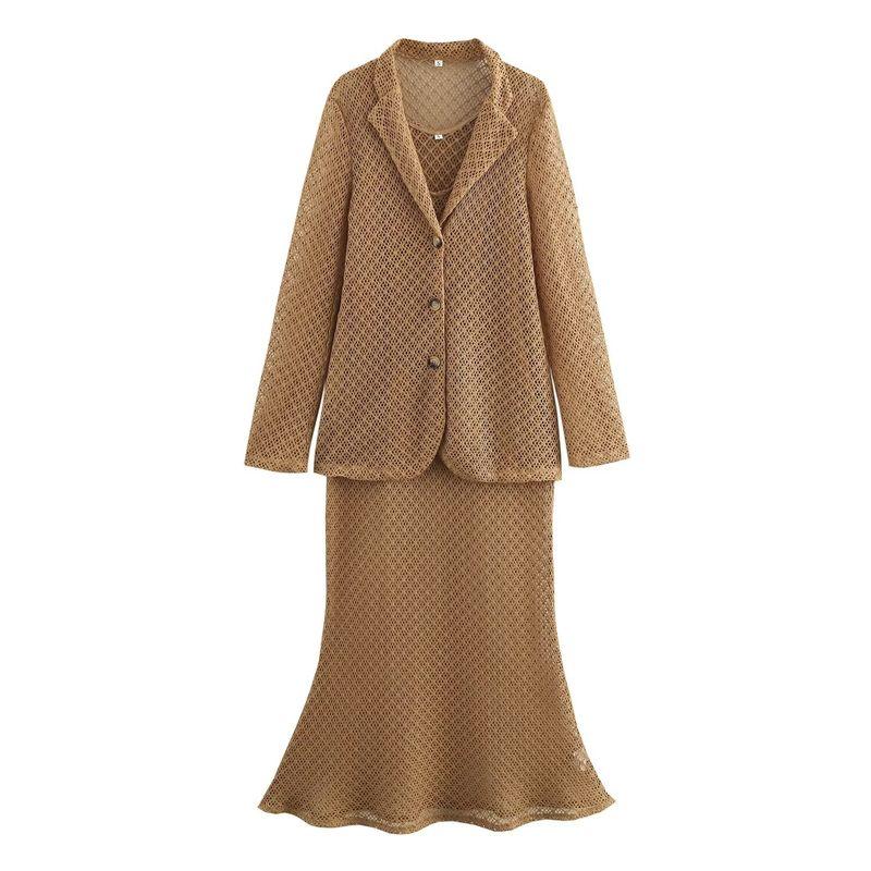 

Kaslead Новая женская одежда Вязаные ажурные блейзеры в западном стиле Платье Комплект из двух предметов Suit L