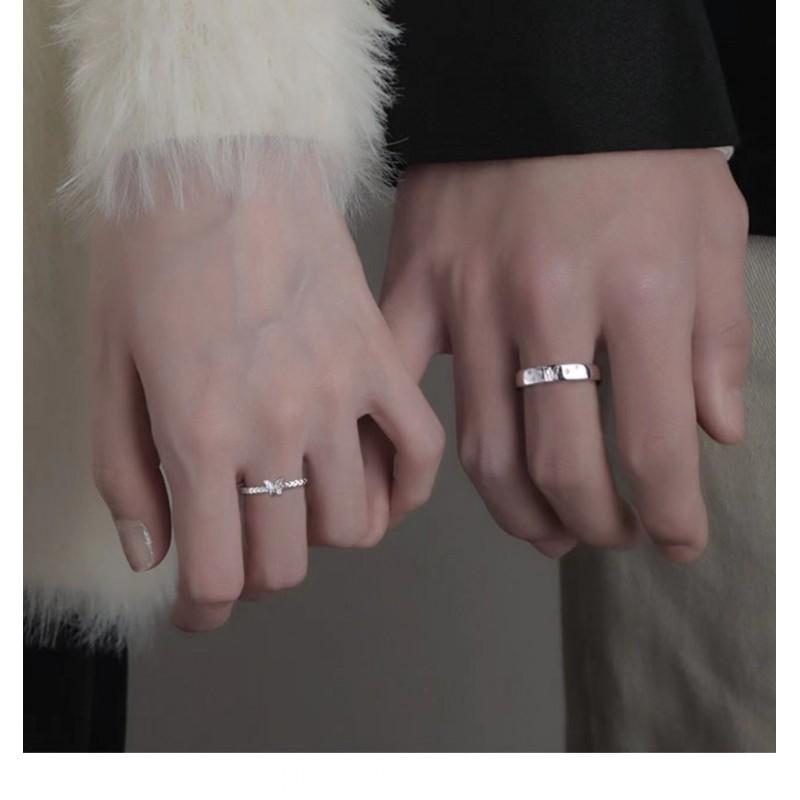 Adjustable Butterfly Couple Ring Set Sterling Unisex Vintage Geometric Design Romantic Gift Him Her