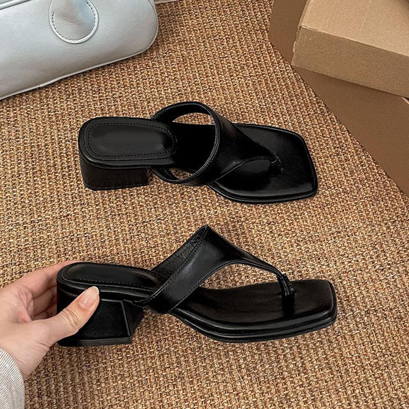 Fashion Retro Thick High Heel Flip-flops for Women Summer New Square Toe Beach Holiday Ladies Sandals Slides Casual Outside Wear Slipper