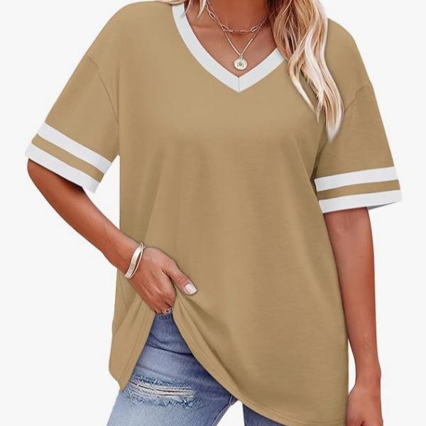 2026 Women's V-Neck Striped Color Block Loose Casual Sports Top